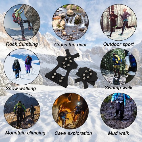 Crampons Ice Cleats for Shoes and Boots, Traction Cleats Ice Snow Grips with 10 Stainless Steel Spikes, Winter Outdoor Anti-Slip Crampon for Walking, Fishing, Climbing and Hiking(L)