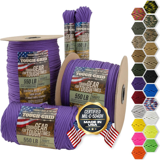 TOUGH-GRID Paracord Rope 550 lbs Nylon Parachute Cord, Made in USA Survival Kit, Outdoor Adventures, Camping, Tactical Gear & Emergency Supplies, Military Type III Mil-Spec