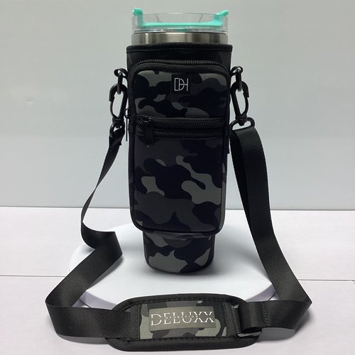DeLuxx Hydration Water Bottle Carrier Bag with Pouch Pocket and Adjustable Strap for Stanley 40Oz Tumbler with Handle, Stanley Cup Accessories (Black Camouflage)