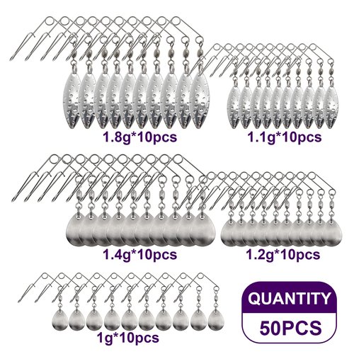 Ghanneey 50Pcs Spinnerbaits Smooth Spoons Kit 3 Size of Fishing Spinner Blades Kit with Willow Fishing Lures Replacement Accessories