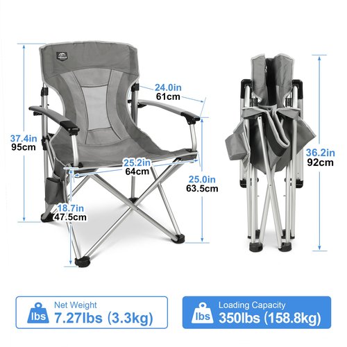 LANMOUNTAIN Lightweight Folding Hard Arm Camping Chair,Mesh Back,Heavy Duty,Padded Backpack Camp Chair w/Cup Holder,Cooler Bag for Adults Garden Parties,Grey