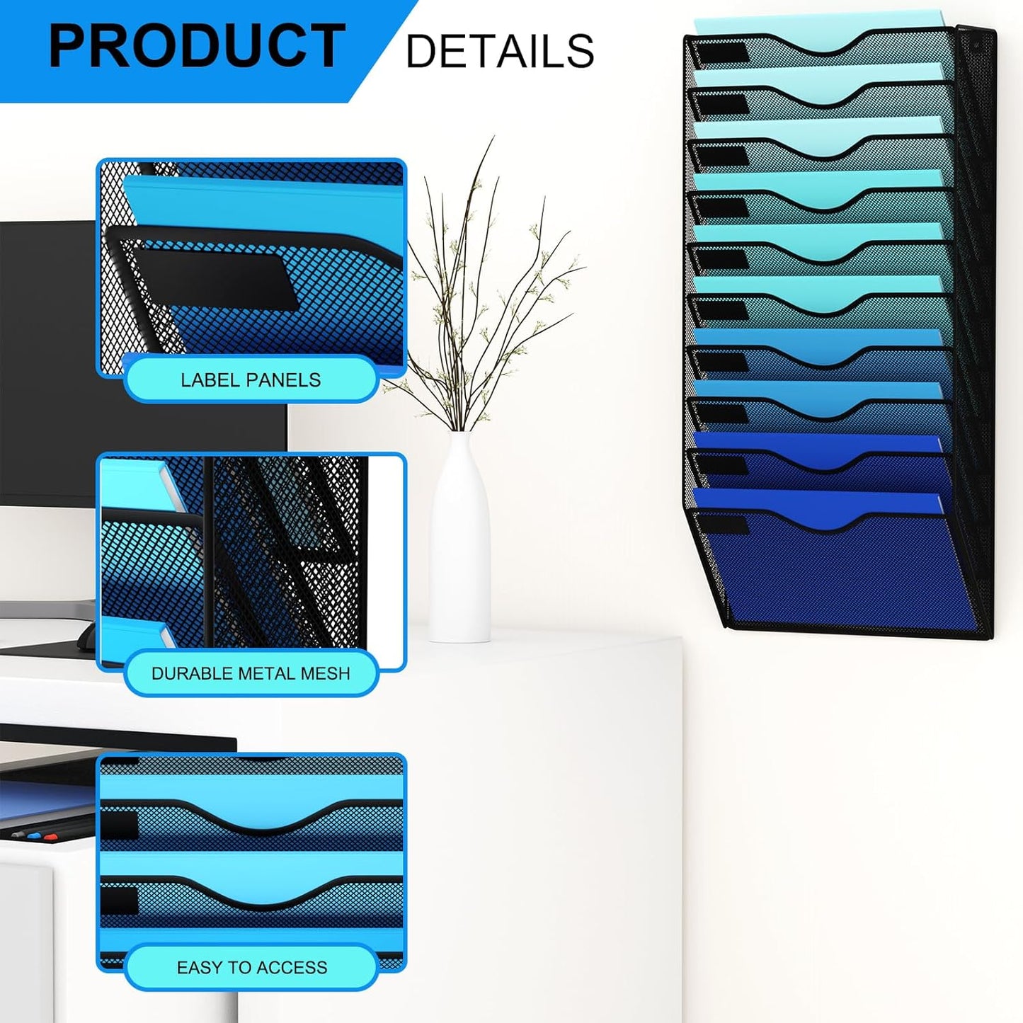 5 Pockets Mesh Hanging Wall File Holder Organizer Wall Mounted Paper Magazine Rack, Black