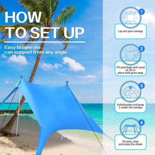 BRONOM Beach Canopy Beach Tent Sun Shelter 7.5X7.5 FT Beach Shade Canopy UPF50+ Sun Protection Windproof Ropes Carry Bag Easy to Setup for Family Outdoor Camping