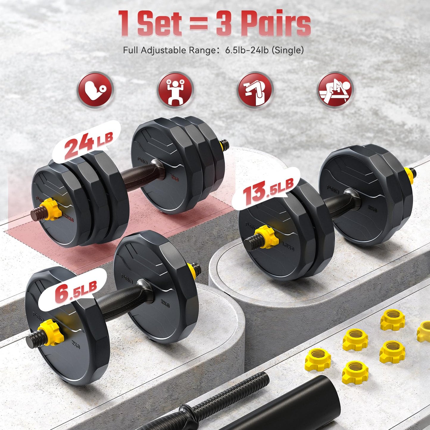 FEIERDUN Adjustable Dumbbells, 48lbs Free Weight Set with 4 Modes, Used as Barbell, Kettlebells, Push up Stand, Fitness Exercises for Home Gym Suitable Men/Women