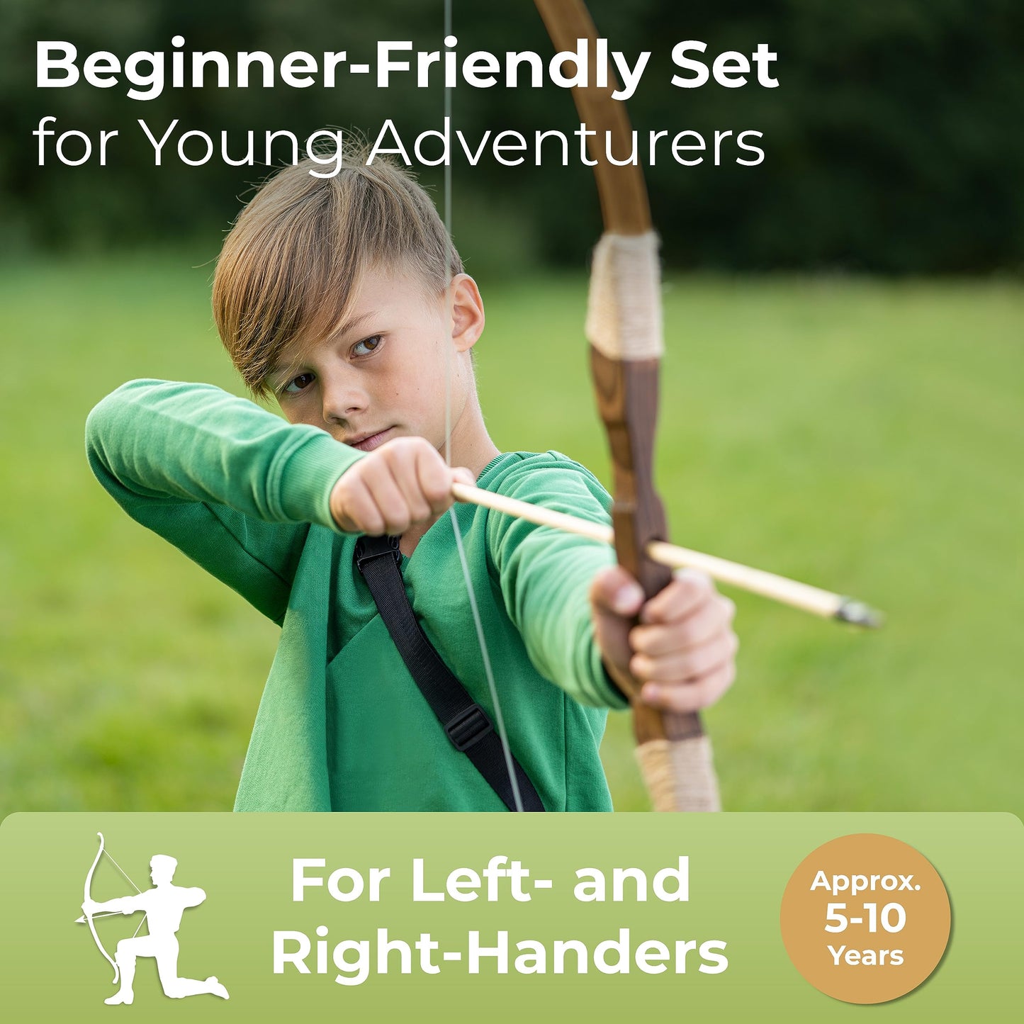 BOWRILLA® Wooden Bow and Arrow for Kids with 10 Arrows, Quiver, 3 Targets & Storage Bag | Kids Bow and Arrow Set for Right- and Left-Handers | Indoor and Outdoor Toys for Children Boys & Girls