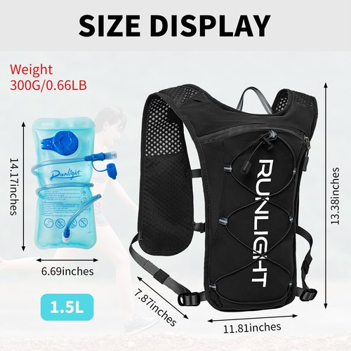 Runlight Running Vest for Women Men Lightweight Hydration Backpack Pack with 1.5L Water Bladder Bag Hydro Daypack for Hiking,Trail,Skiing,Camping,Cycling,Race,Marathon (Black New, One Size)