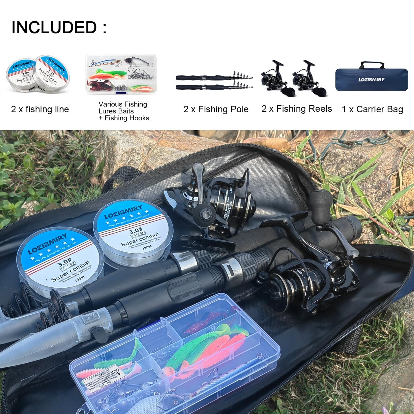 Fishing Rod Reel Combos, 2PCS 2.1m/6.89ft Collapsible Fishing Rods + 2PCS Spinning Reels + Fishing Lines Fishing Lures Carrier Bag, Telescopic Fishing Pole Set Sea Saltwater Freshwater Kit