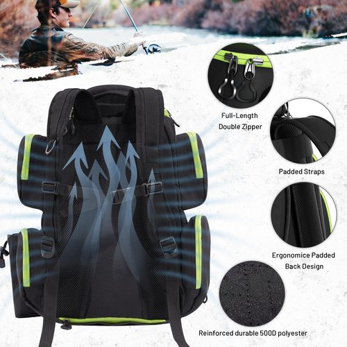 X Strike Fishing Tackle Backpack, 48L Large Fishing Bag with Rod Holder, 4 Tackle Box and Protective Rain Cover, for Fishing Camping Hiking Hunting, Black