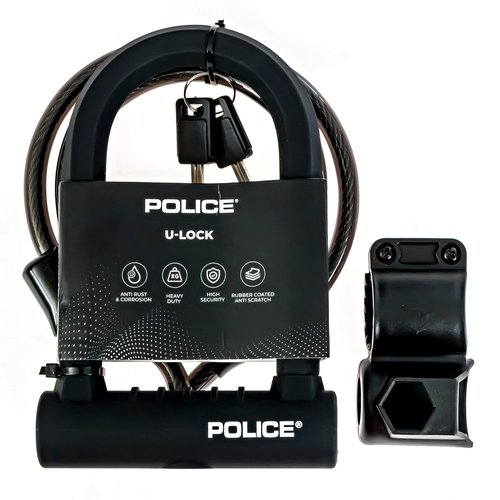 POLICE U-Lock Bike Lock with Key, U-Lock for Bicycles, Lock for Scooters, Outdoor Equipment Silicone-Coated Bike Lock with Cable Heavy Duty Black