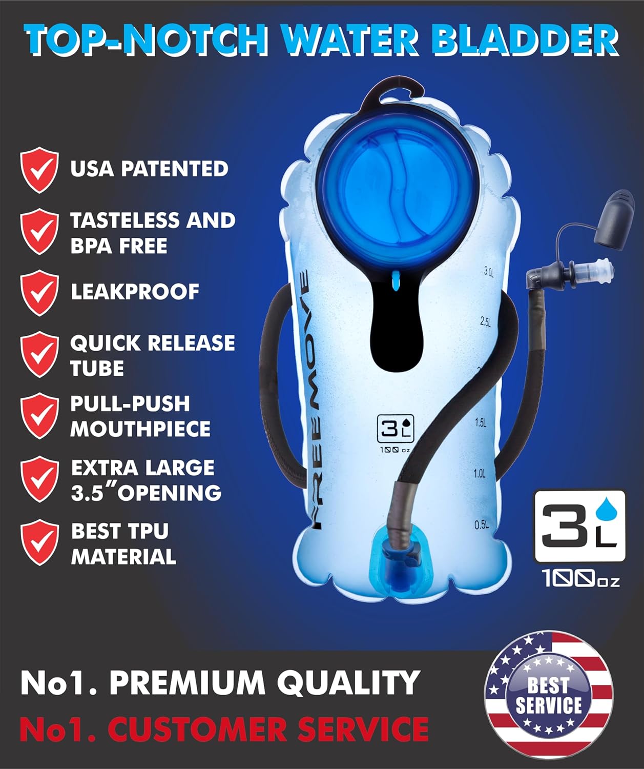 FREEMOVE Hydration Bladder 2L / 3L Water Bladder for Hiking Backpack &gt;Blue or Green&lt; Leak Proof Hydration Pack, Tasteless & BPA Free, TPU Water Reservoir, Quick Release Insulated Tube & Shutoff Valve
