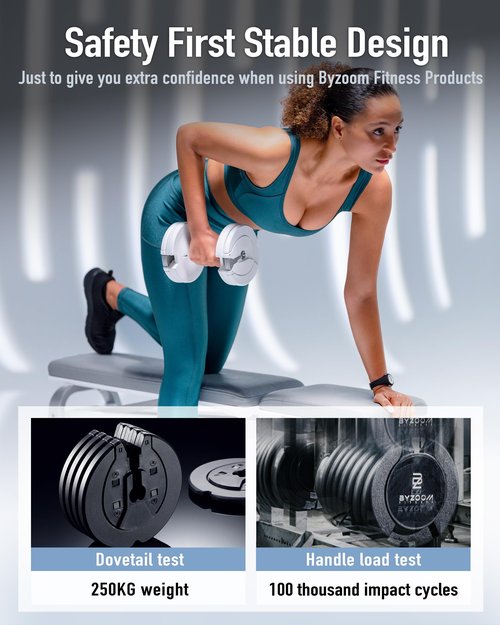BYZOOM FITNESS Adjustable Dumbbell – 12.5/25lb Single Unit OR Set of 2 – 5-in-1 Adjustable Weight for Home Gym, Strength Training & Fitness Workouts, White OR Black