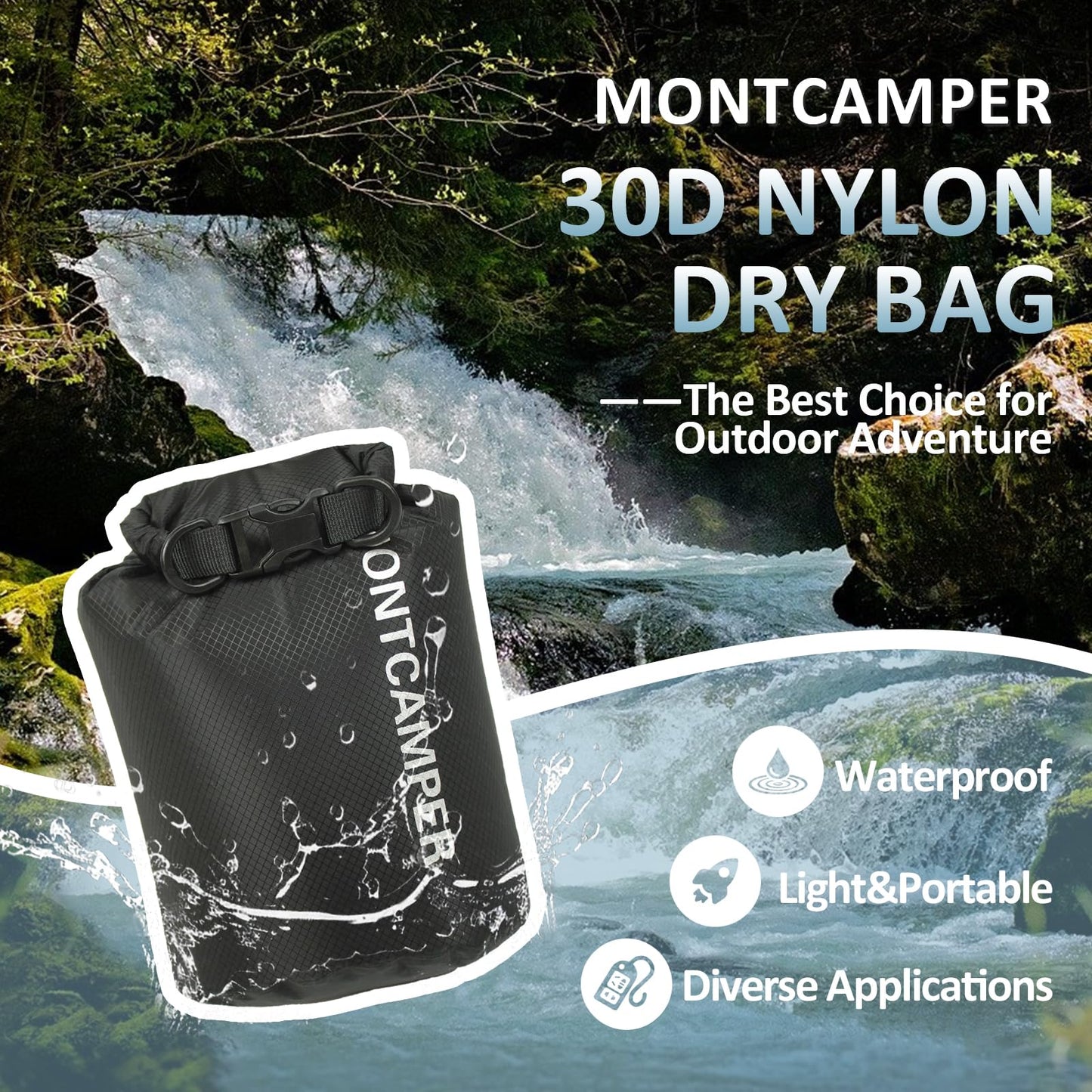 MONTCAMPER Waterproof Dry Bag 3L – 30D Nylon Roll Top Dry Sack with PU Coating, Lightweight Water-Resistant Storage for Kayaking, Camping, Hiking, Fishing & Beach (Black)