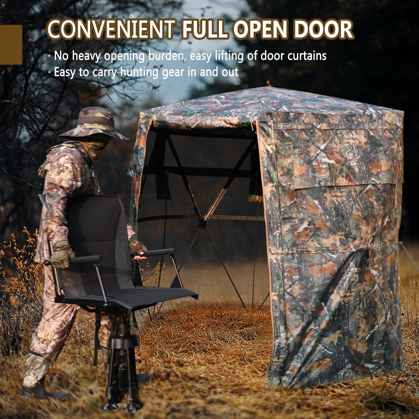 Kalkal Hunting Blind with Full Open Door, 2-3 Person 300° See Through Hunting Blind with Portable Bag, Stable 6-Sided Pop Up Ground Blind for Deer Turkey Bear Hunting