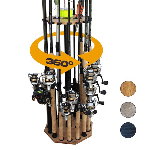 Rush Creek Creations 16-Rod Round Fishing Rod Holder for Garage, 360° Access Fishing Pole Holder for Fishing Rods, Reels, Gear, and Accessories, Securely Holds 16 Rods, Wood Grain