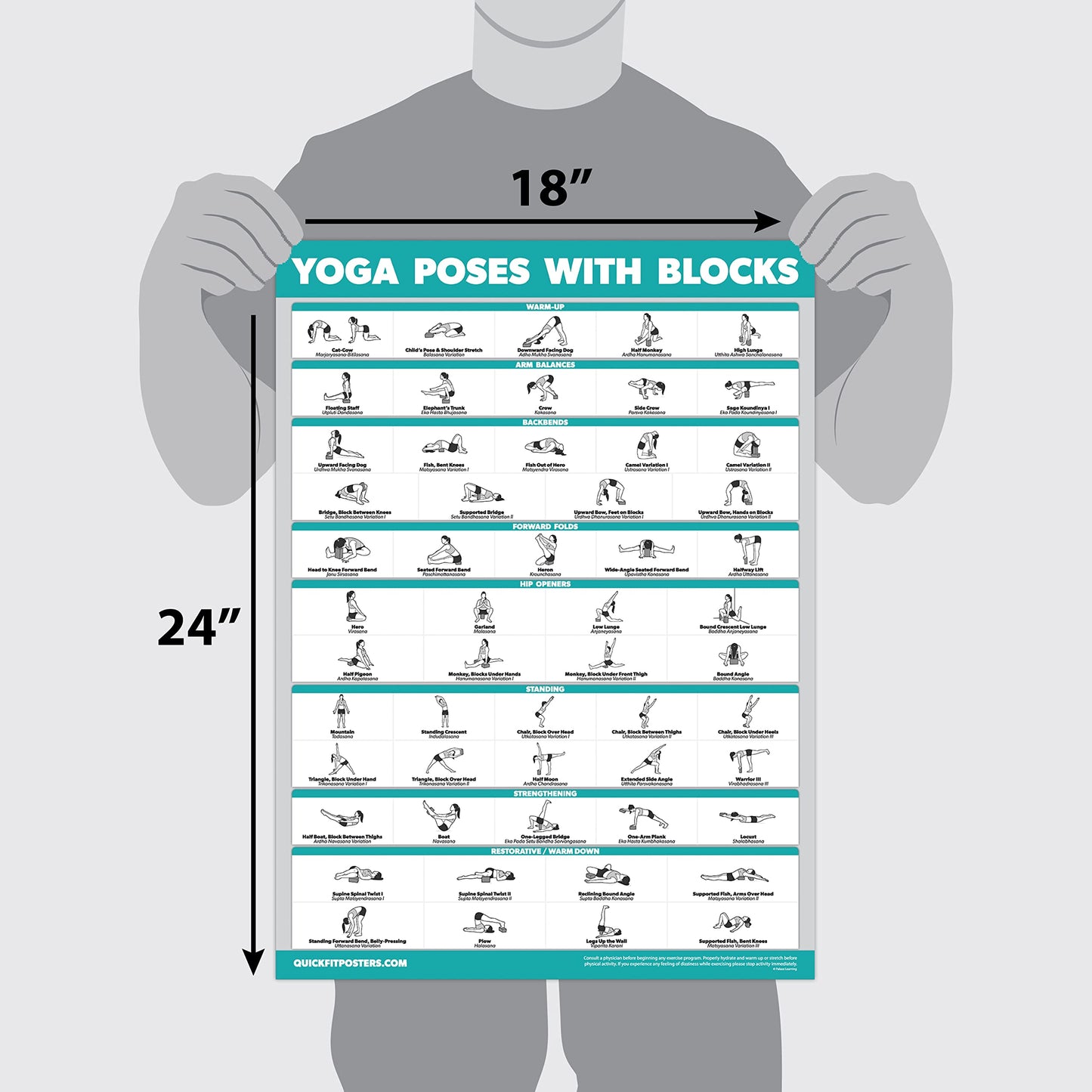 2 Pack - Yoga Block Poses + Stretching Exercise Poster Set - Yoga Positions with Blocks Chart - Set of Two Fitness Charts (18 x 24, LAMINATED)