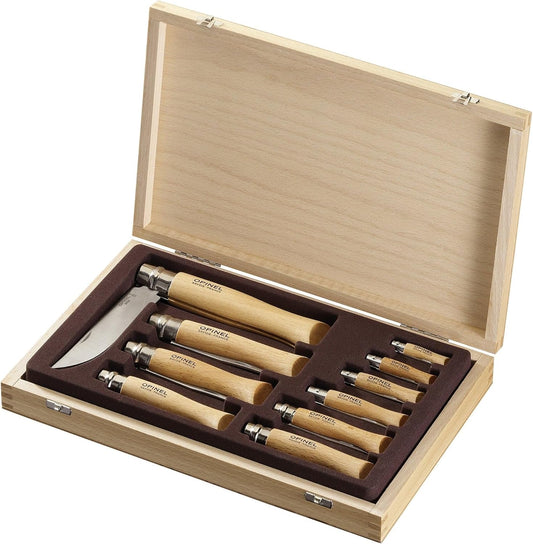 OPINEL Stainelss Steel Folding Knife Set - Wooden Boxed Set of 10 Knives, No. 2 - No. 12
