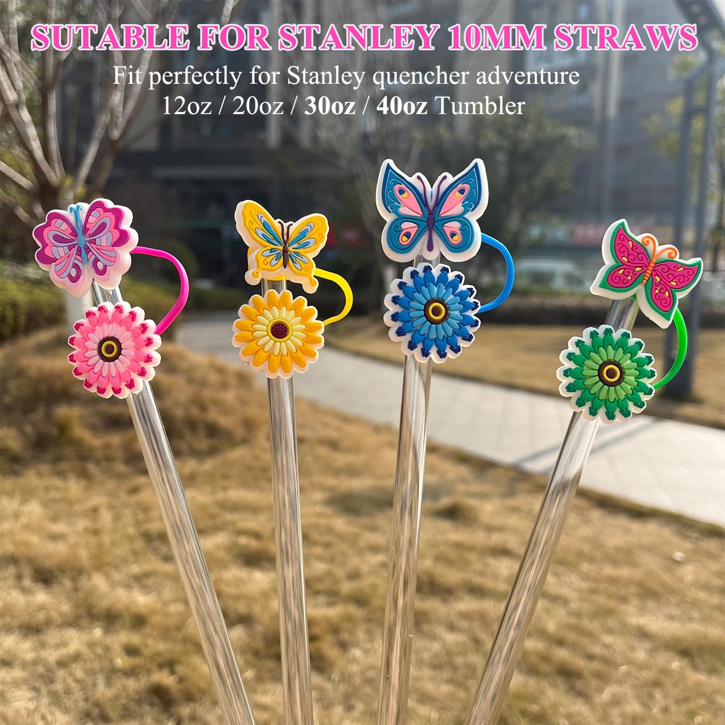 Amreich 8mm Butterfly Straw Cover - Cute Flower Design Straw Toppers for Simple Modern and Hydro Flask Tumblers Accessories