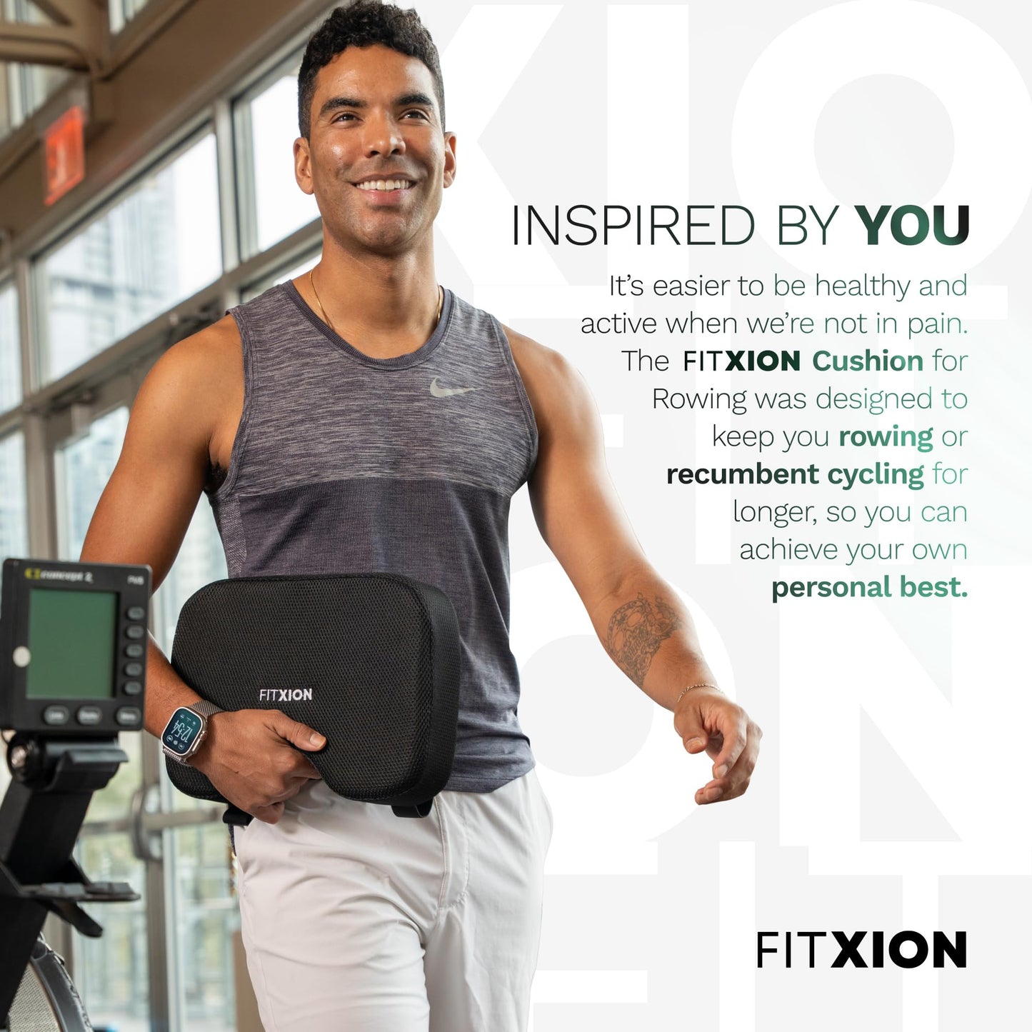 FitXion Rowing Machine Seat Cushion – Ergonomic Tail Bone Comfort Memory Foam Pad for Concept 2, Water Rower, Peloton or Recumbent Bike. Anti-Slip Base, Buckled Straps for Indoor Rowing Workouts