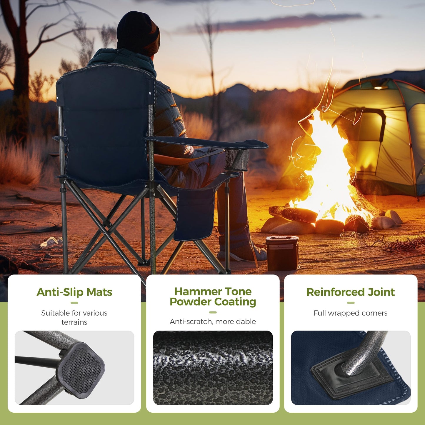 ALPHA CAMP 2PC Oversized Camping Chair Heavy Duty Lawn Chair with Cooler Bag Support 450 LBS Steel Frame Collapsible Padded Arm Quad Lumbar Back Folding Chair for Lawn Outdoor,Navy Blue