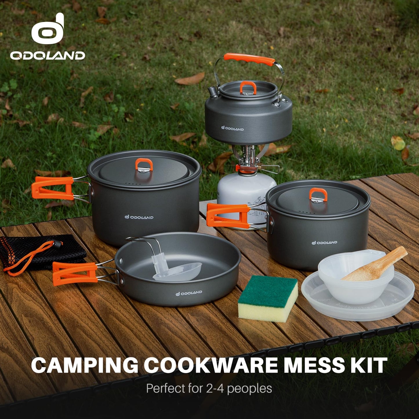 Odoland 15pcs Camping Cookware Non-Stick Lightweight Camping Pots and Pans Set with Kettle Plastic Plates Bowls Soup Spoon for Camping, Backpacking, Outdoor Cooking and Picnic