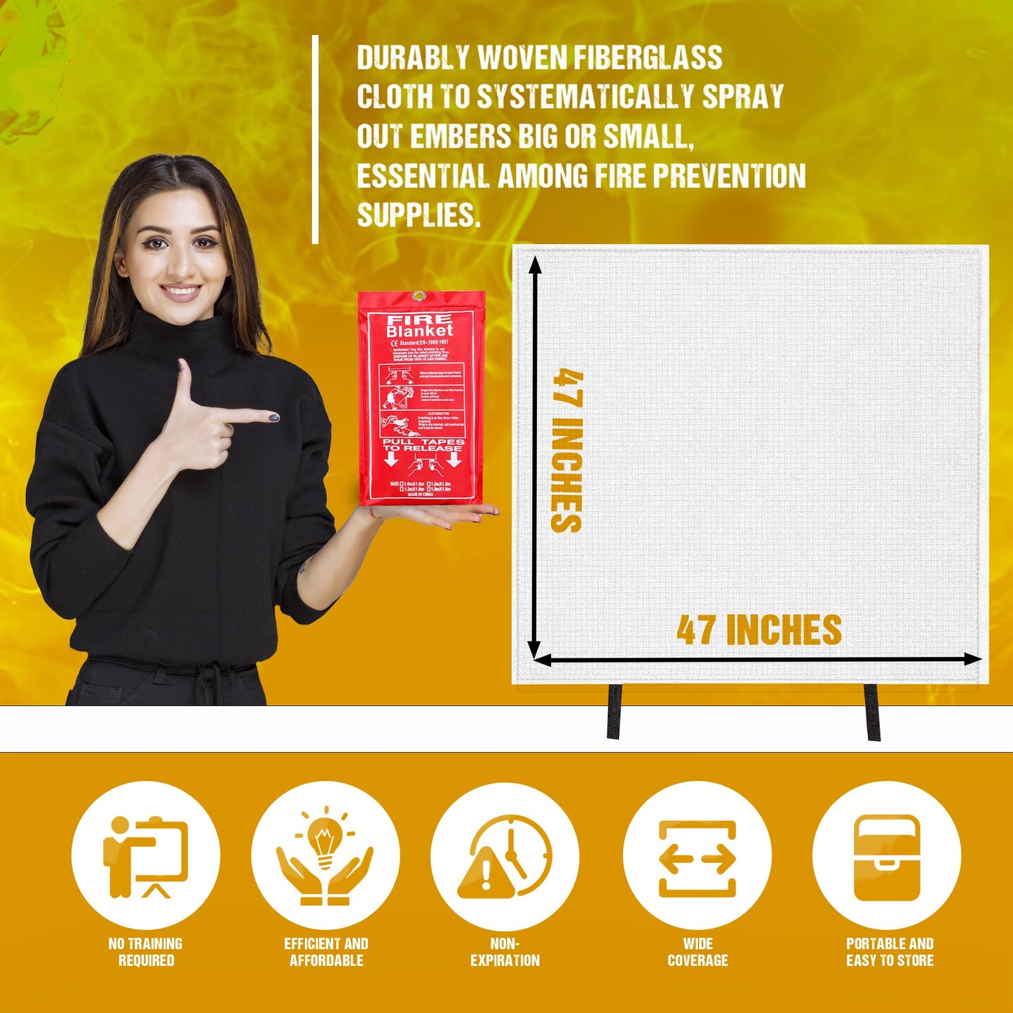 Firstop Fire Blanket, 47”x 47” Fire Extinguisher Blankets for Home & Kitchen, High Heat Resistant Fire Suppression Blankets for Home Safety, Grill, Car, Office, Warehouse, and Camping