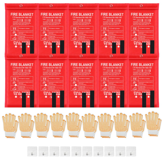 10 Pack Bulk Emergency Fire Blankets for Home and Kitchen with Fireproof Gloves & Hooks Safety Flame Suppression Fire Extinguisher for Camping House Warehouse Car 39.4"x39.4", Housewarming Gifts