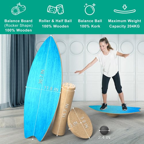 Healfith Balance Board,Adult Balance Board,Balance Trainer - Balance Board Kids - Wooden Balance Board,Including Roller,Half Ball And Balance Ball