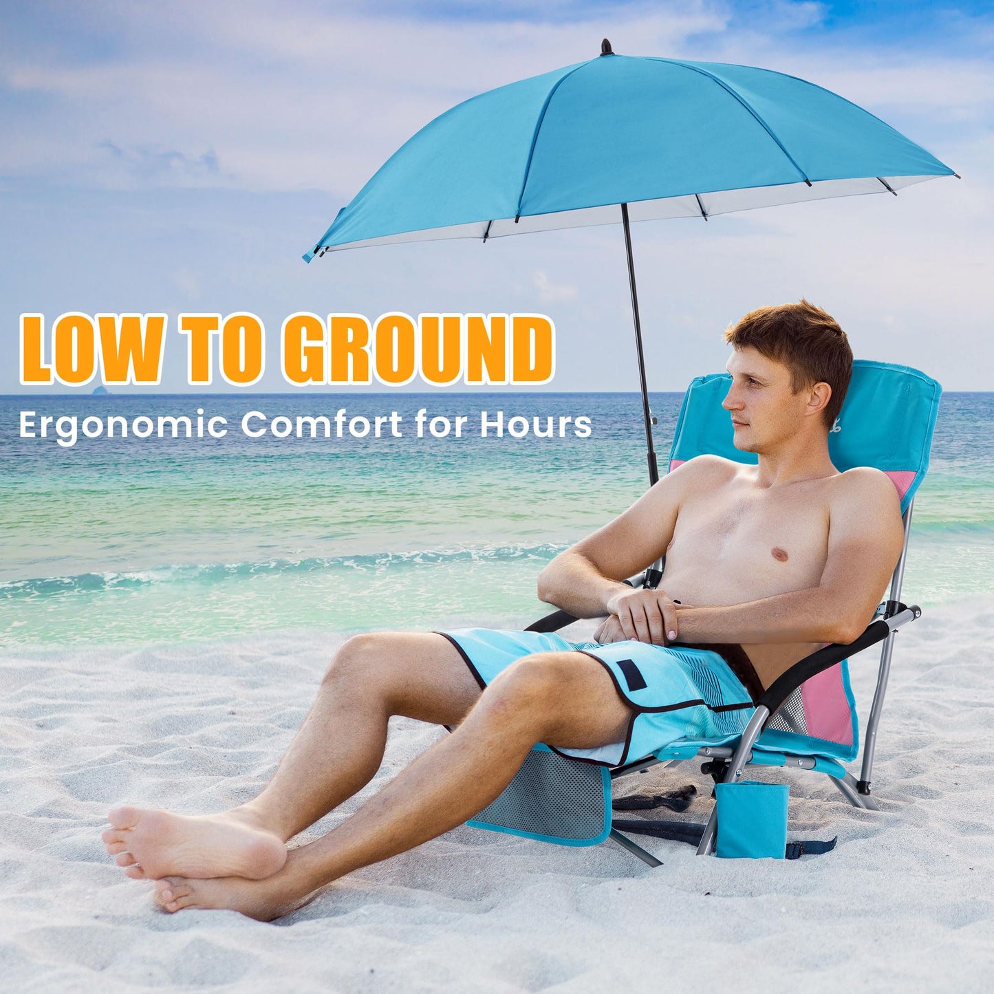 Folding Beach Chair with Umbrella for Adults, 2 Pack Portable Low Beach Chairs with 300lbs Capacity, Lightweight Fodable Camping Chair for Travel, Picnic, Concert & Outdoor Activities, Blue-Pink