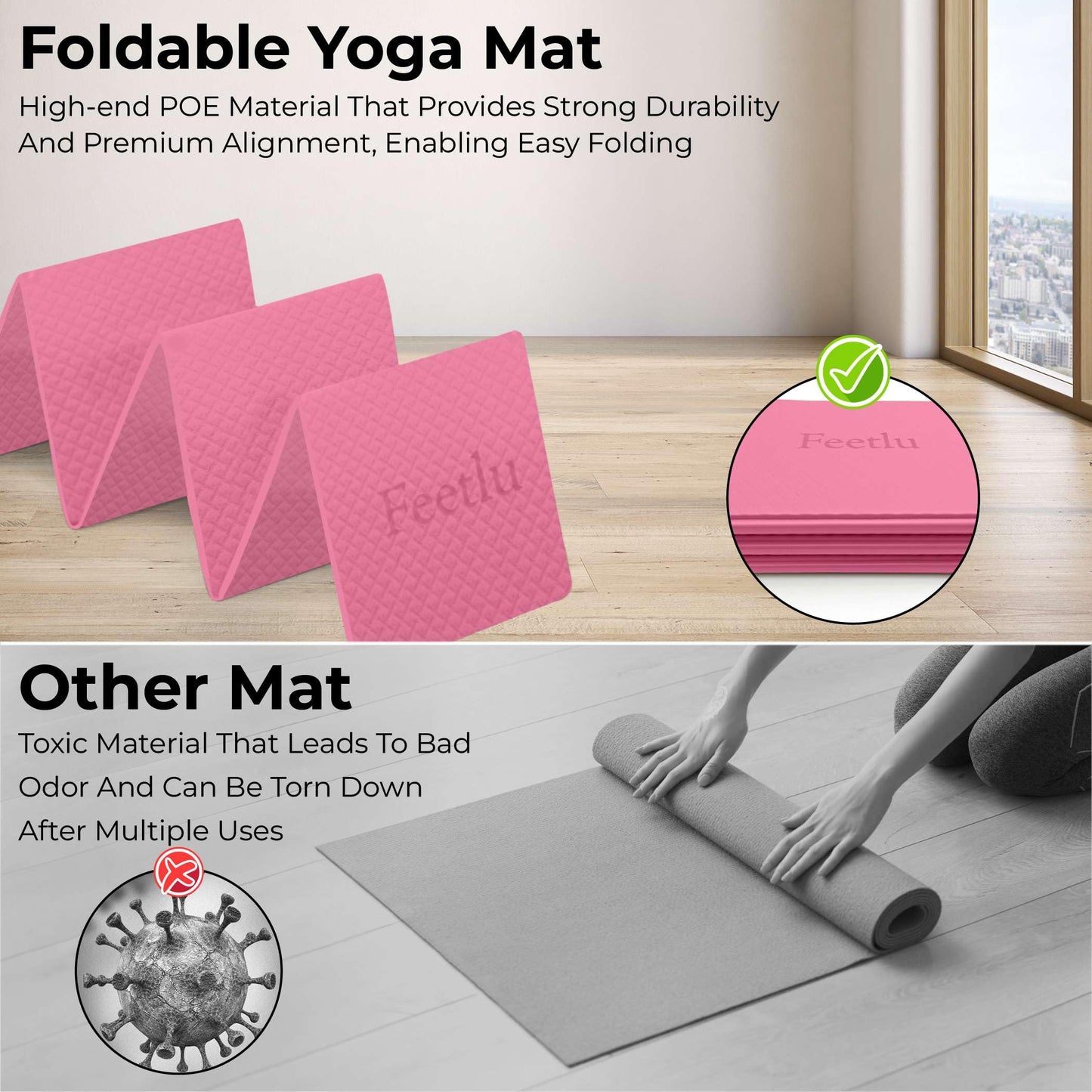 Feetlu Foldable Yoga Mat, 6mm Thick, Lightweight, Anti-Slip, and Easy to Store – Perfect for Travel, Yoga, Pilates, Home Workouts, and Floor Exercises