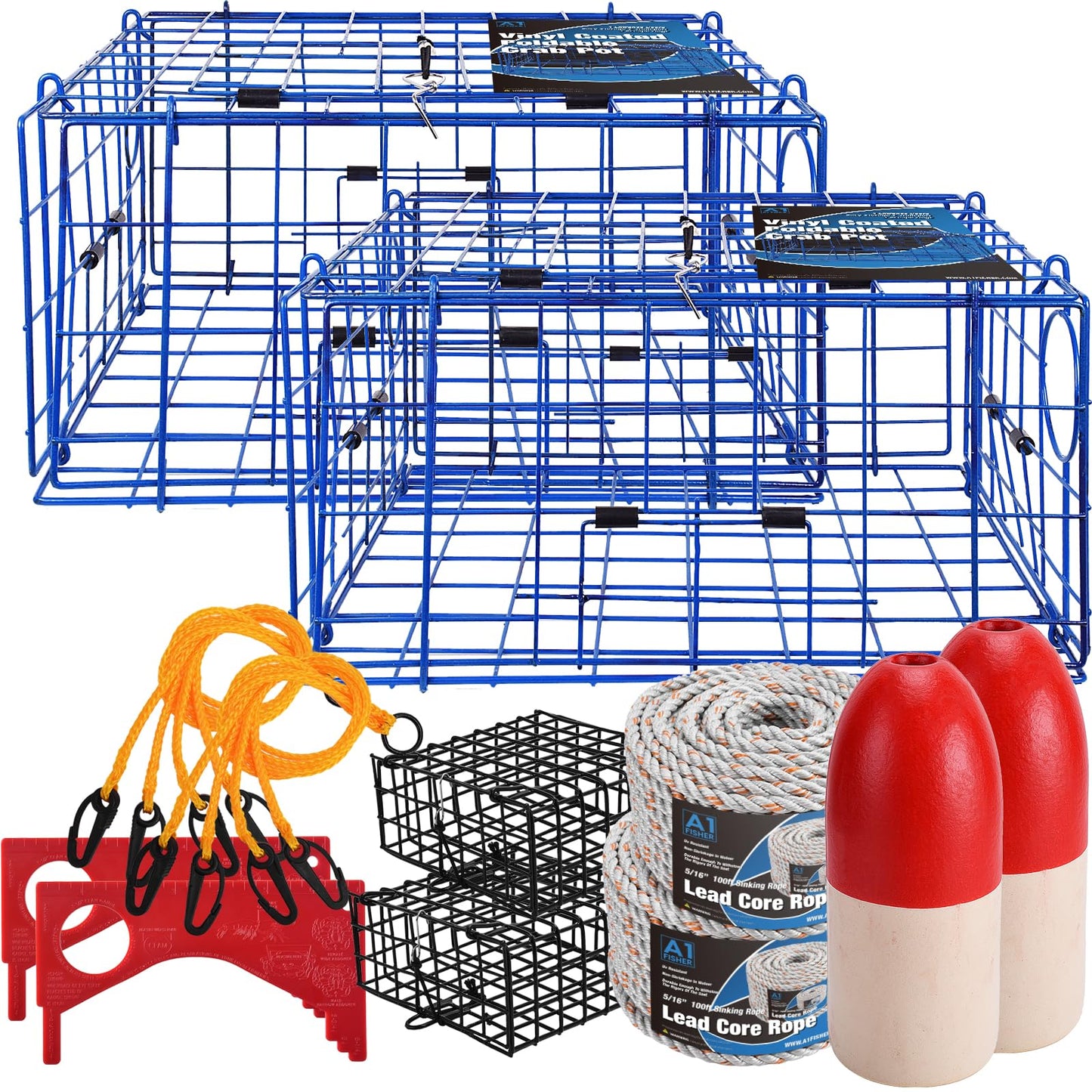 A1FISHER 2 Packs Pacific Folding Crab Trap 24''x24''x12'' Kit, with Crab Bait Cage, Gauge Measure, Trap Harness, 5/16" Dia-100’ Leaded Core Rope with 12.8’’x5.5’’ Red/White Float Buoy for Dungeness