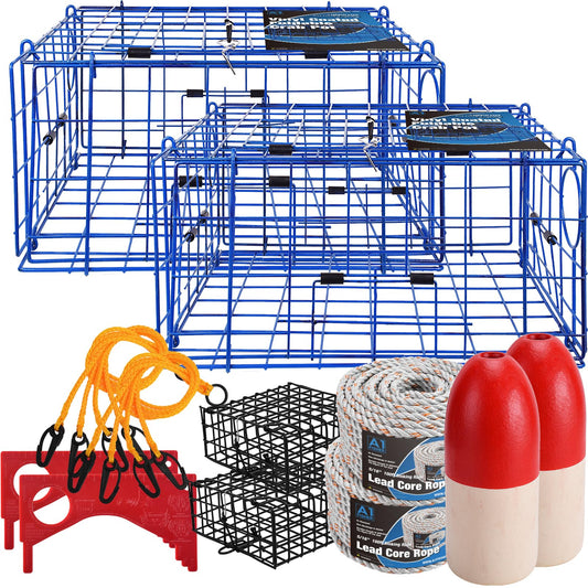A1FISHER 2 Packs Pacific Folding Crab Trap 24''x24''x12'' Kit, with Crab Bait Cage, Gauge Measure, Trap Harness, 5/16" Dia-100’ Leaded Core Rope with 12.8’’x5.5’’ Red/White Float Buoy for Dungeness