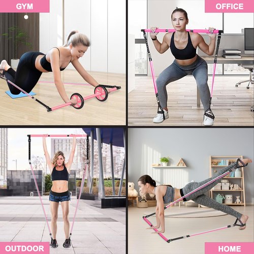 BBTOPS Pilates Bar Kit with Resistance Bands, Pilates Equipment Exercise Bar with Ab Roller for Abs Workout, Portable Home Gym Yoga Fitness Bar for Women & Men (Pink)