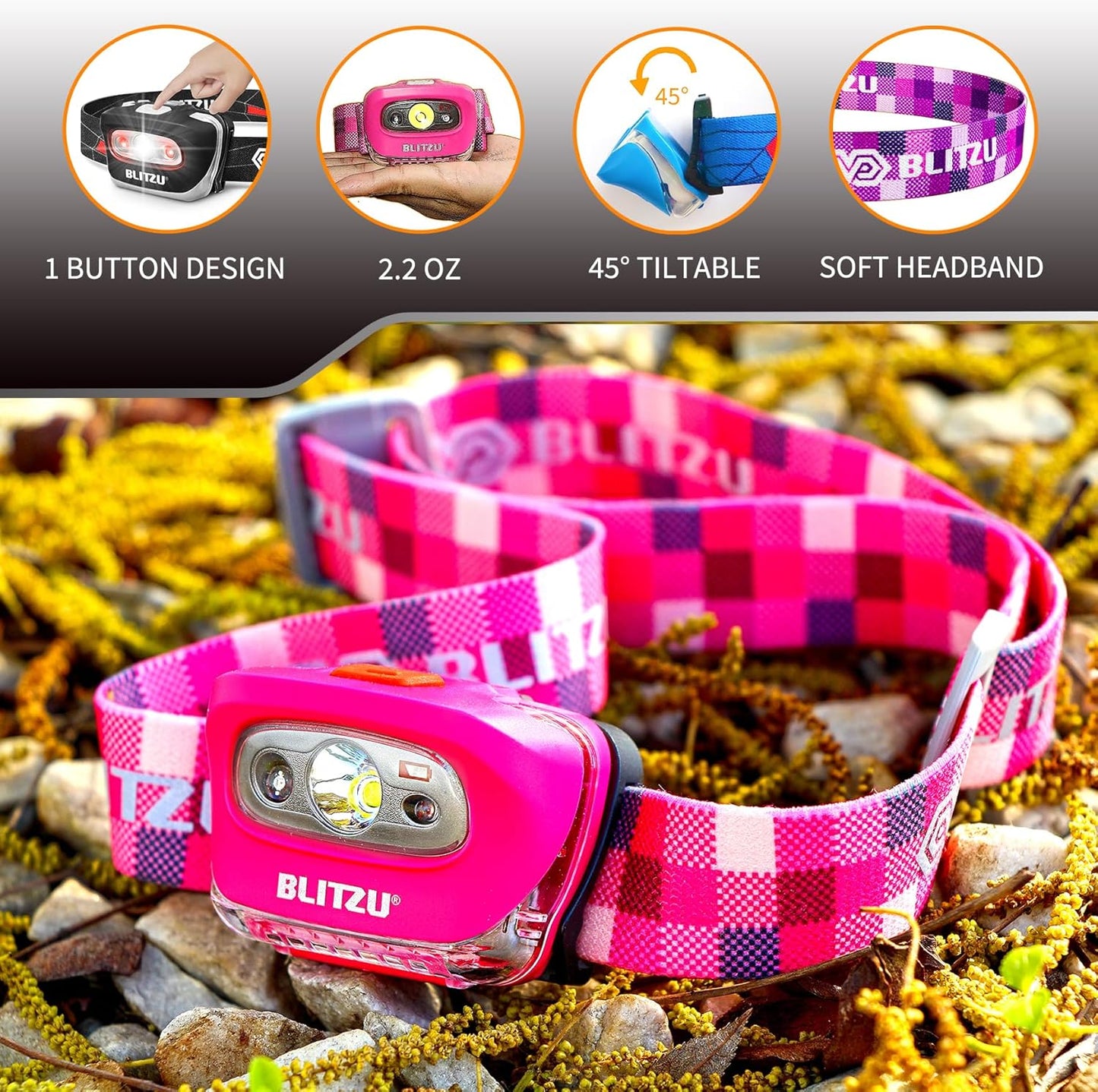 Waterproof LED Headlamp Flashlight for Adults & Kids - Lightweight, Comfortable, White & Red Light for Running, Camping & Hiking - 3 AAA Batteries Included, Purple