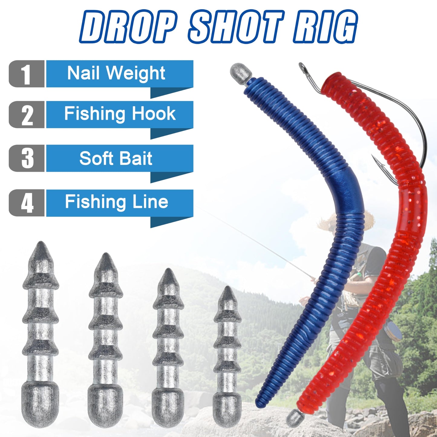 Fishing Nail Weights Kit, 70pcs Wacky Worm Weights Insert Sinkers Fishing Weights Tackle for Plastic Worms Lures Nail Sinker Weights for Wacky Rig Neko Rig Bass Fishing 4 Sizes