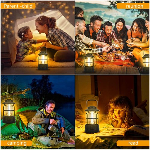 Camping Lantern Rechargeable USB Powered, Stepless Dimmer, Metal Retro Camping Light Waterproof Hanging LED Vintage Tent Lamp for Outdoor Hiking Fishing Emergency (Black)