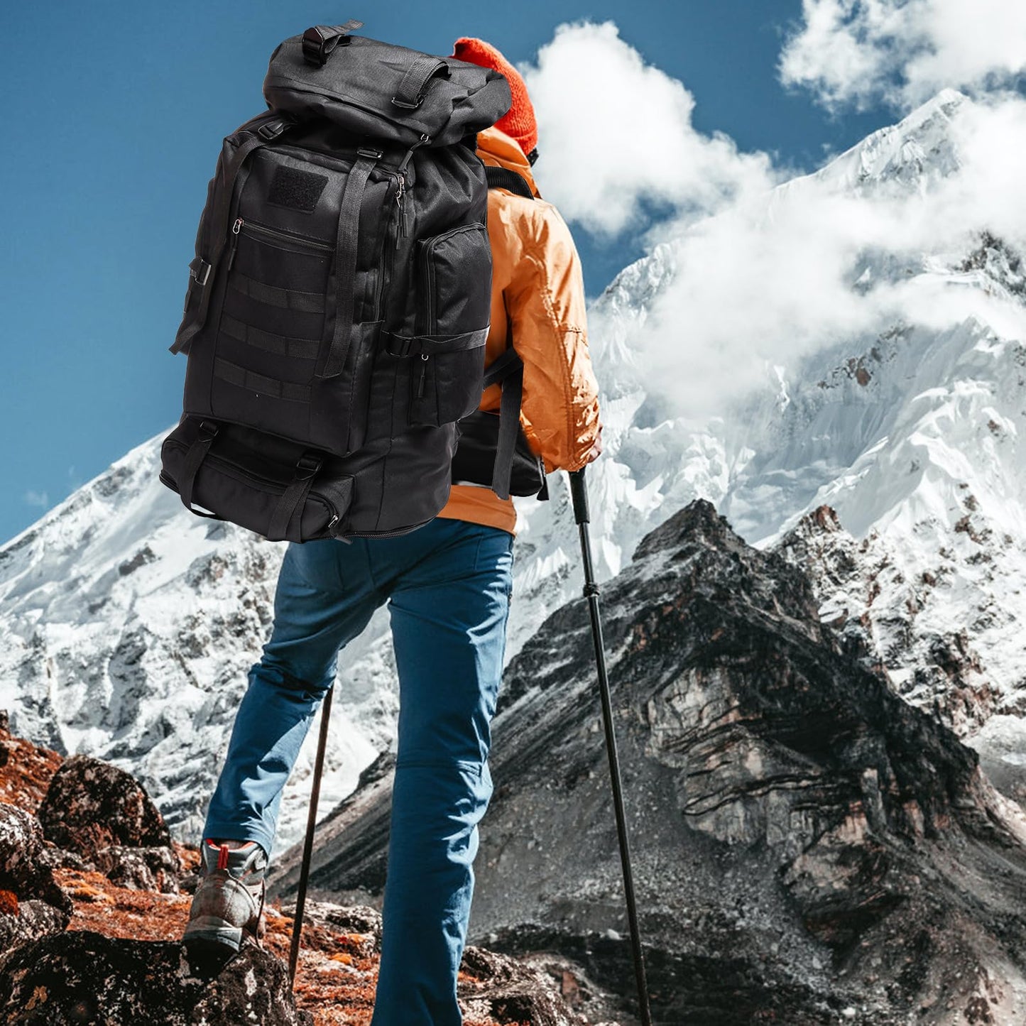 Goaste 100L Camping Hiking Backpack, Molle Military Tactical Rucksack, Waterproof Large Travel Daypack, Adjustable Survival Hunting Sports Bag for Men and Women Hiking, Camping, Touring(Black)