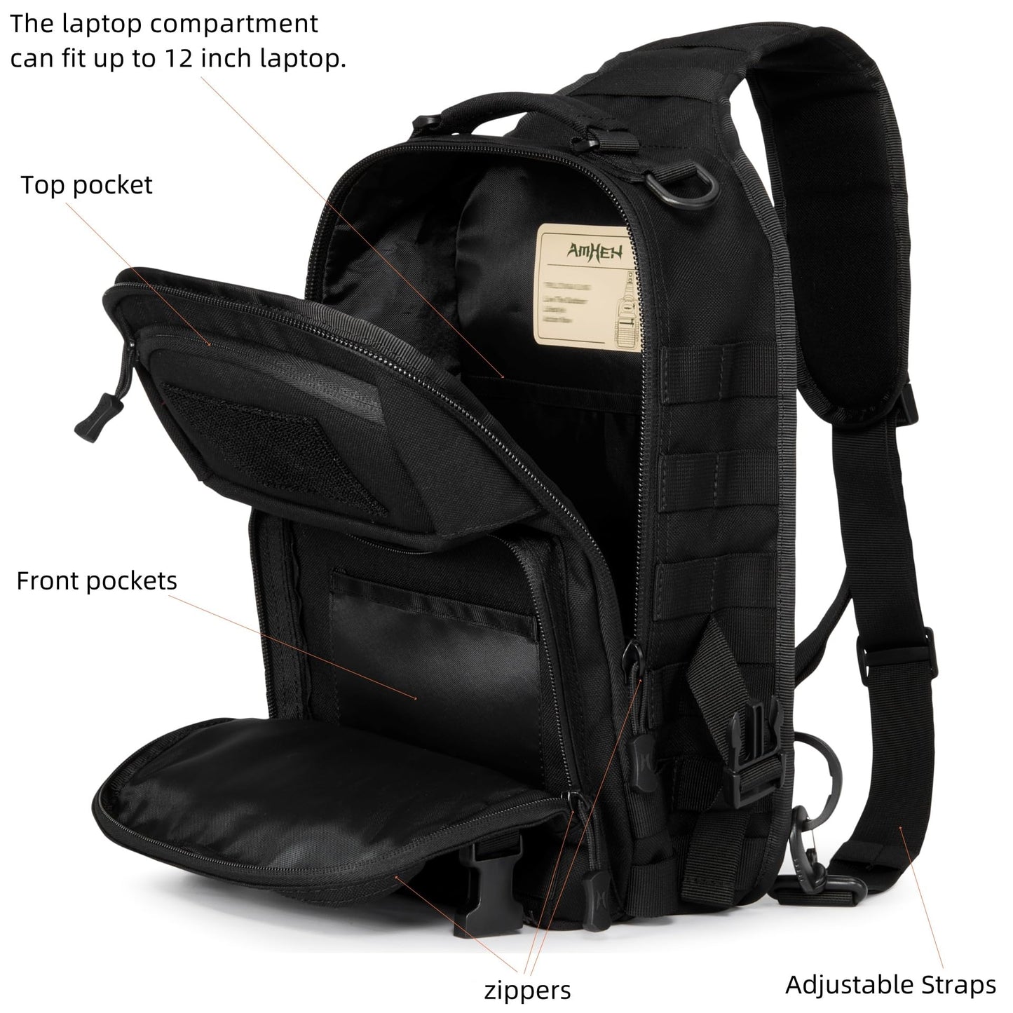 AMHEH Military Tactical Crossbody Sling Bag One Strap Backpack 15L Black | Fit 12 Inch Laptop, Molle, Travel, Hiking, Daily Use