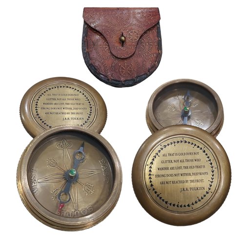 Dolchi Tolkien-Inspired Vintage Brass Compass with Leather Case - Magnetic Directional Compass for Navigation, Camping, Hiking, and Touring - 'Not All Who Wander are Lost' - Unique Gift