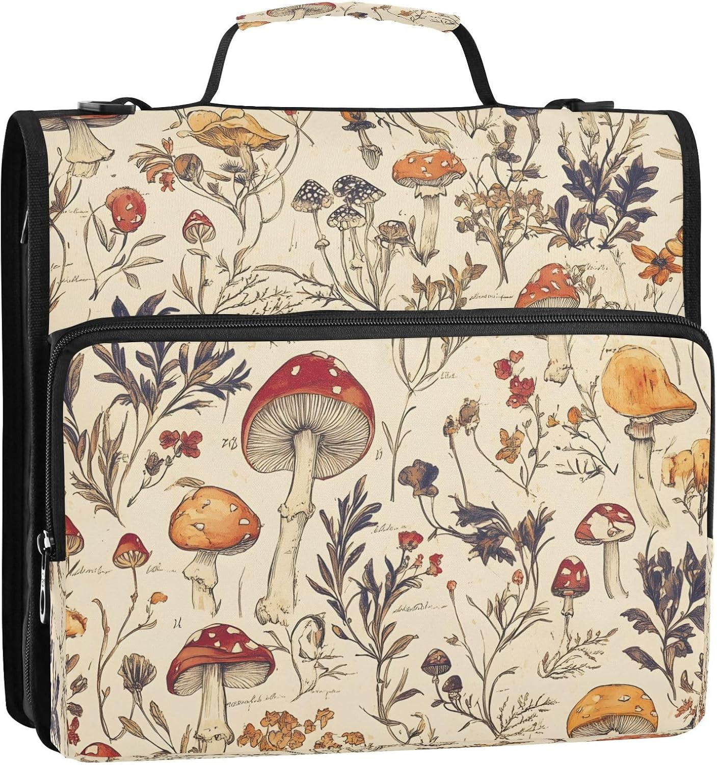 ALAZA Zipper Binder 3 Ring Hand Drawn Mushroom Binder Organizer with Zipper and Shoulder Strap Large Capacity Multi-Pocket Trapper Keeper File Folder for Office Supplies