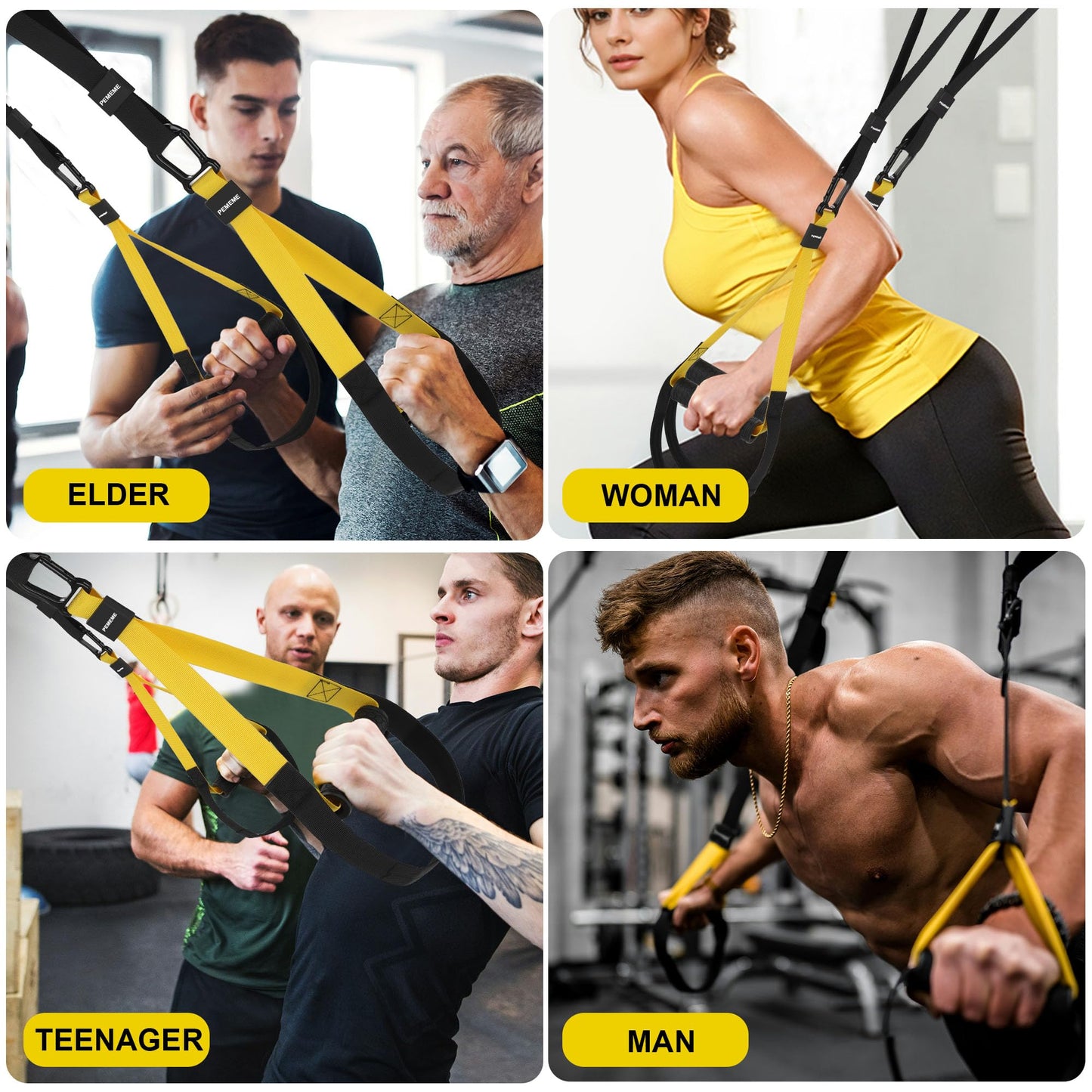 Home Resistance Training Kit | Full-Body Workout with Suspension Trainer Straps, Door Anchor, Handles, and Carrying Bag | Complete Home Gym Equipment (Yellow)