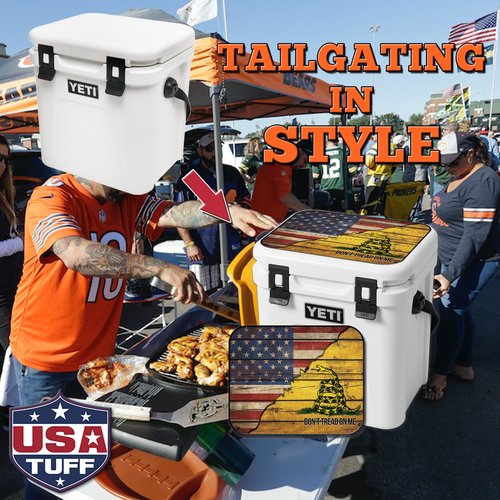 USATuff Vinyl Cooler Lid Kit Compatible with YETI 24 qt Roadie | Easy Peel & Stick Application Cooler Skin Decal Wrap | Durable Pre-Cut Pieces | Made for Outdoor Use - Gadsden Don't Tread Split