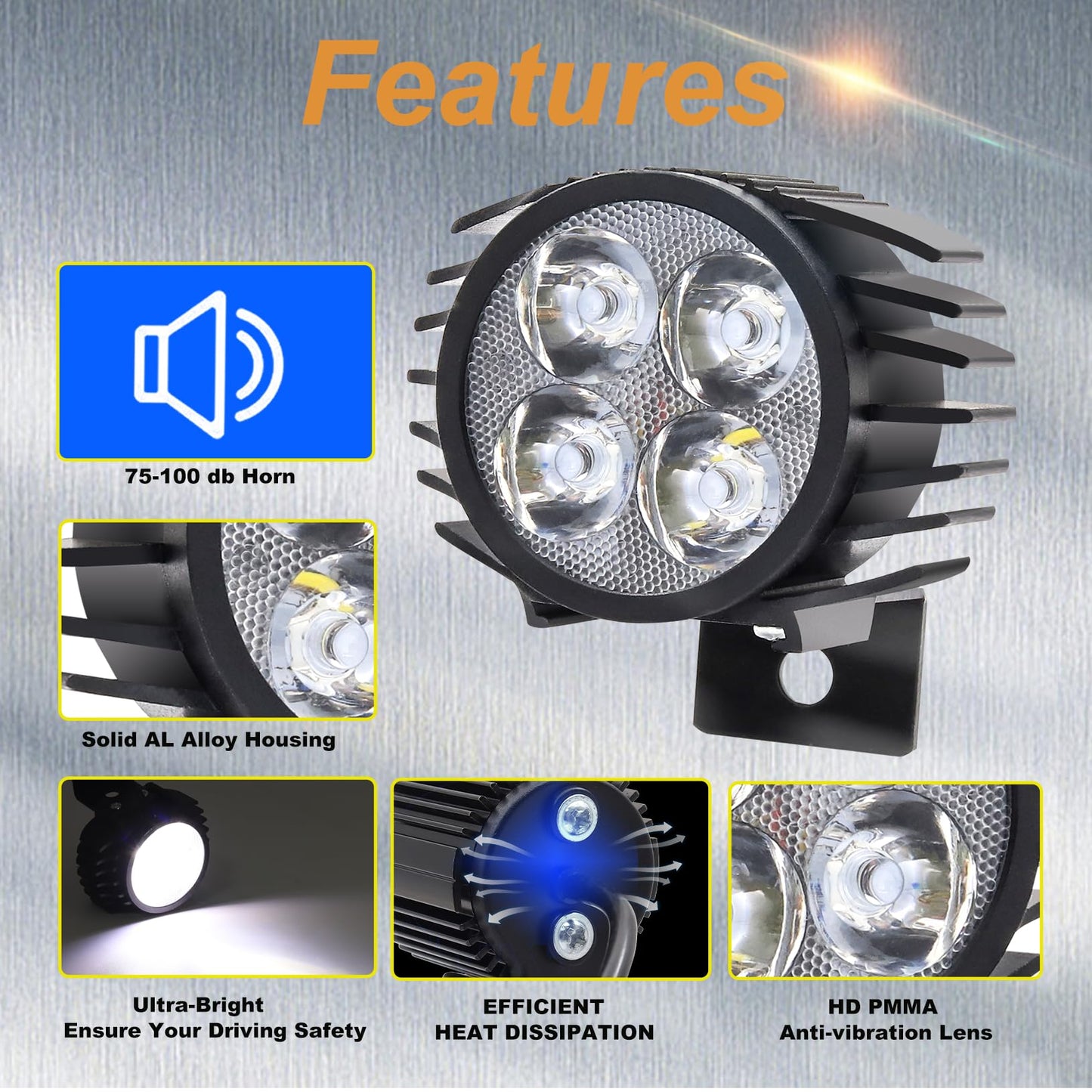 E-Bike Front Lights with Horn for Scooter, 36-60V Alloy Waterproof Lamp 12W Electric Scooter Led Lamp with Bell