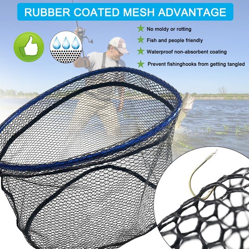 LBW Collapsible Fishing Net with Telescoping Handle, Folding Kayak Net for Freshwater or Saltwater, Trout Catfish Bass Rubber Landing Net