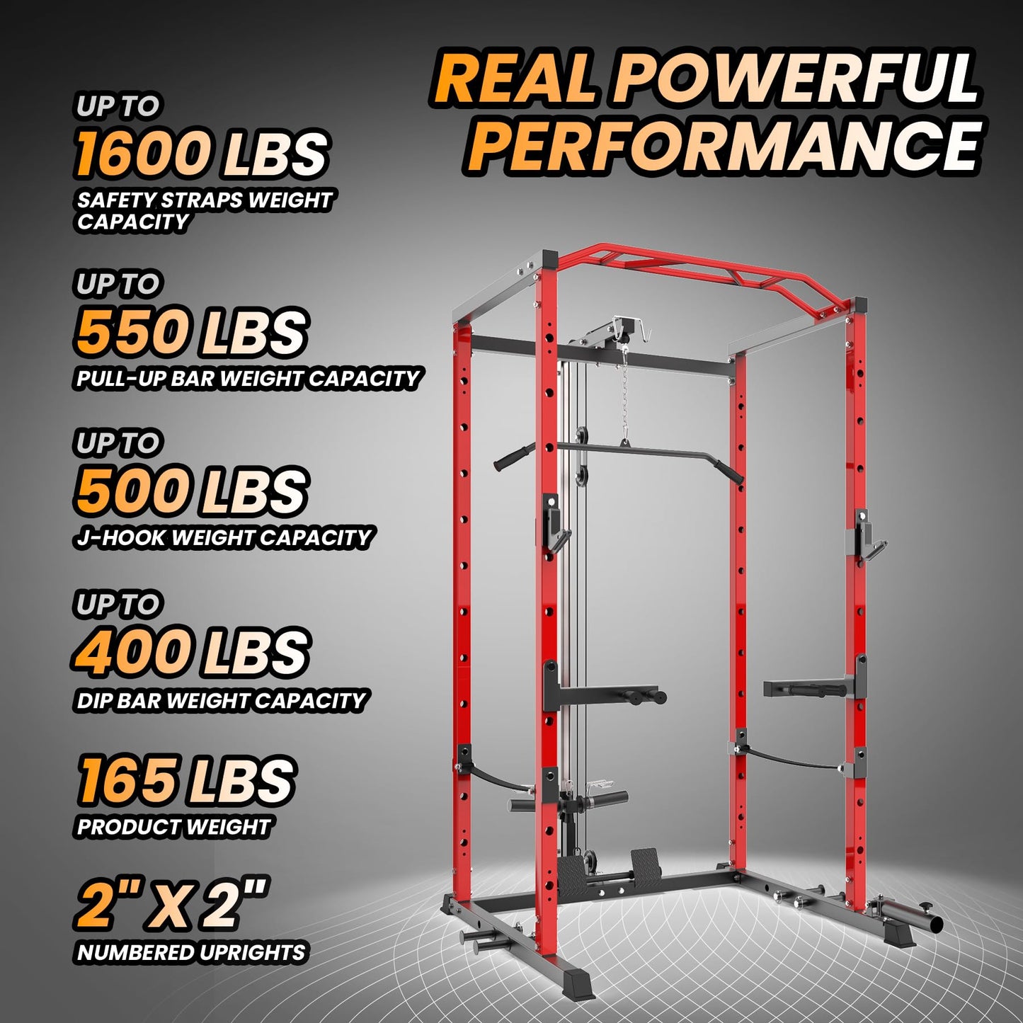 GarveeLife Power Cage with LAT Pulldown, Multi-Functional Power Rack with Cable Pulley System and J-Hooks, Squat Rack with Dip Bars and Landmine Attachment, Weight Cage for Home Gym Equipment