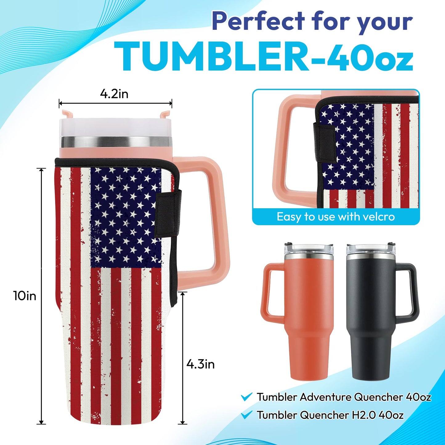 HYTURTLE Neoprene Insulator Sleeve American Flag Printed 40oz Cup With Handle, Accessories For 40oz Tumbler With Handle - 40oz Cup Protector - Easy Clean - Gifts For Patriot