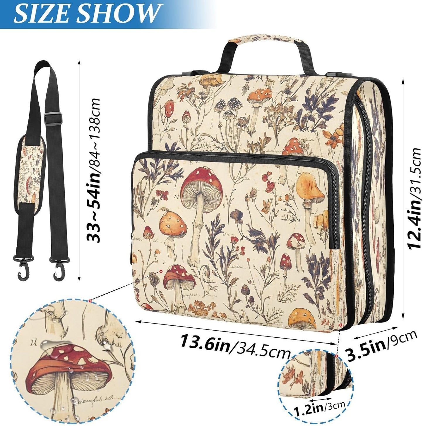 ALAZA Zipper Binder 3 Ring Hand Drawn Mushroom Binder Organizer with Zipper and Shoulder Strap Large Capacity Multi-Pocket Trapper Keeper File Folder for Office Supplies