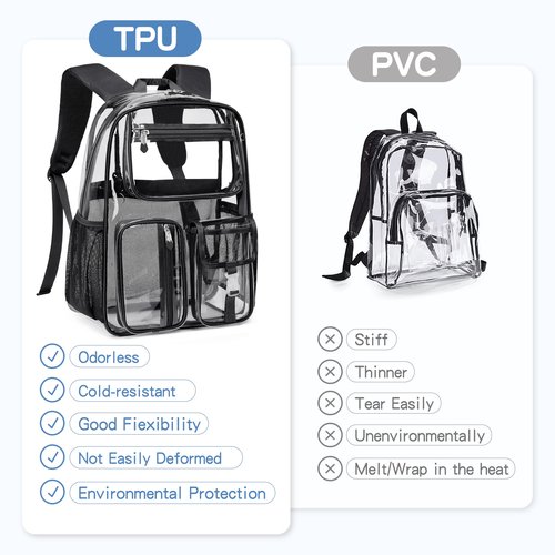 Cusangel Heavy Duty Clear Backpack Clear BookBag,16 x11 x5inch TPU Large Capacity See Through Backpack for Sport Events,Travel (Black)
