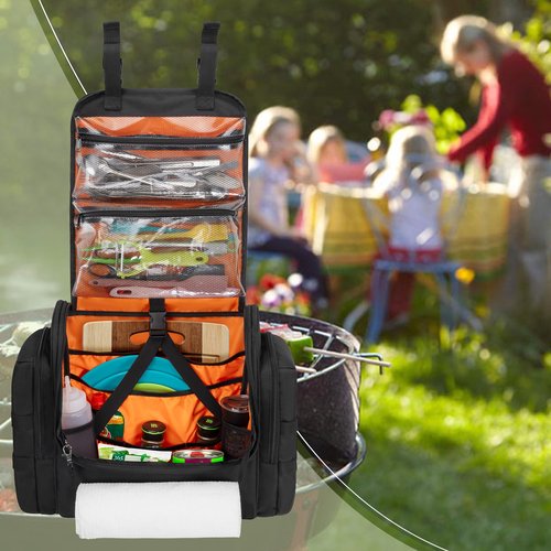 HODRANT Large Tactical Camping Kitchen Organizer, Hanging Cookware Storage Bag with Paper Towel Holder & Multi Pockets, Portable Camp Utensil Organizer for BBQ Cooking Essentials, Black, Bag Only