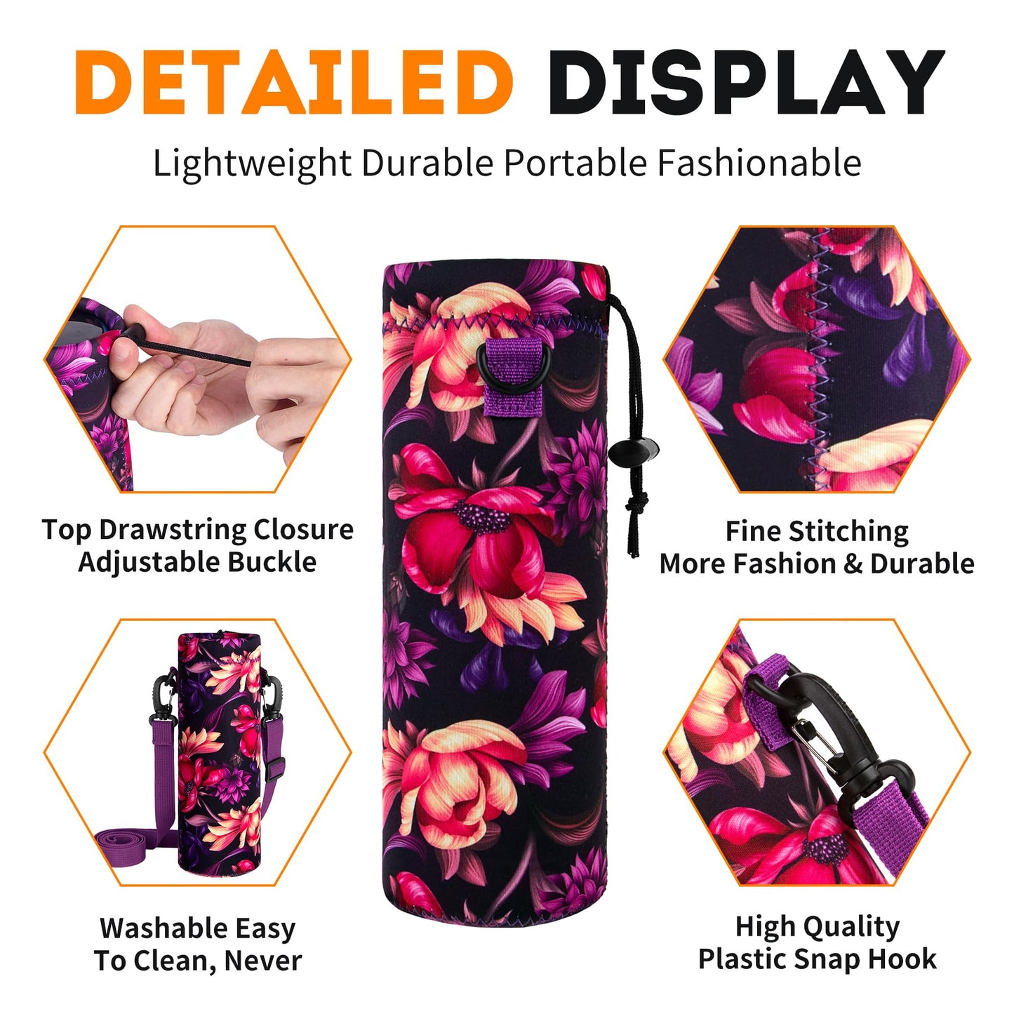 Aatacas Water Bottle Carrier, Printed Neoprene Water Bottle Holder Bag Cover 1000ML, Adjustable Shoulder Strap, Great for Stainless Steel and Plastic Bottles, Sport and Energy Drinks