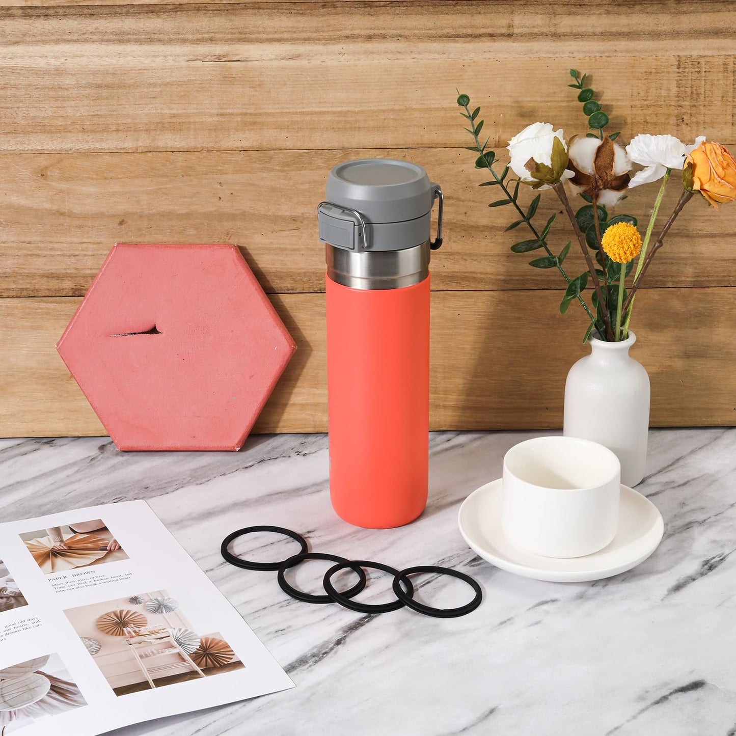 6pcs Water Bottle Lid Gasket, Silicone Water Bottle Seal Ring Replacement Glass Cup Gasket for 24oz 36oz Water Bottle Replacement Compatible with Stanley Quick FLIP GO (Black)